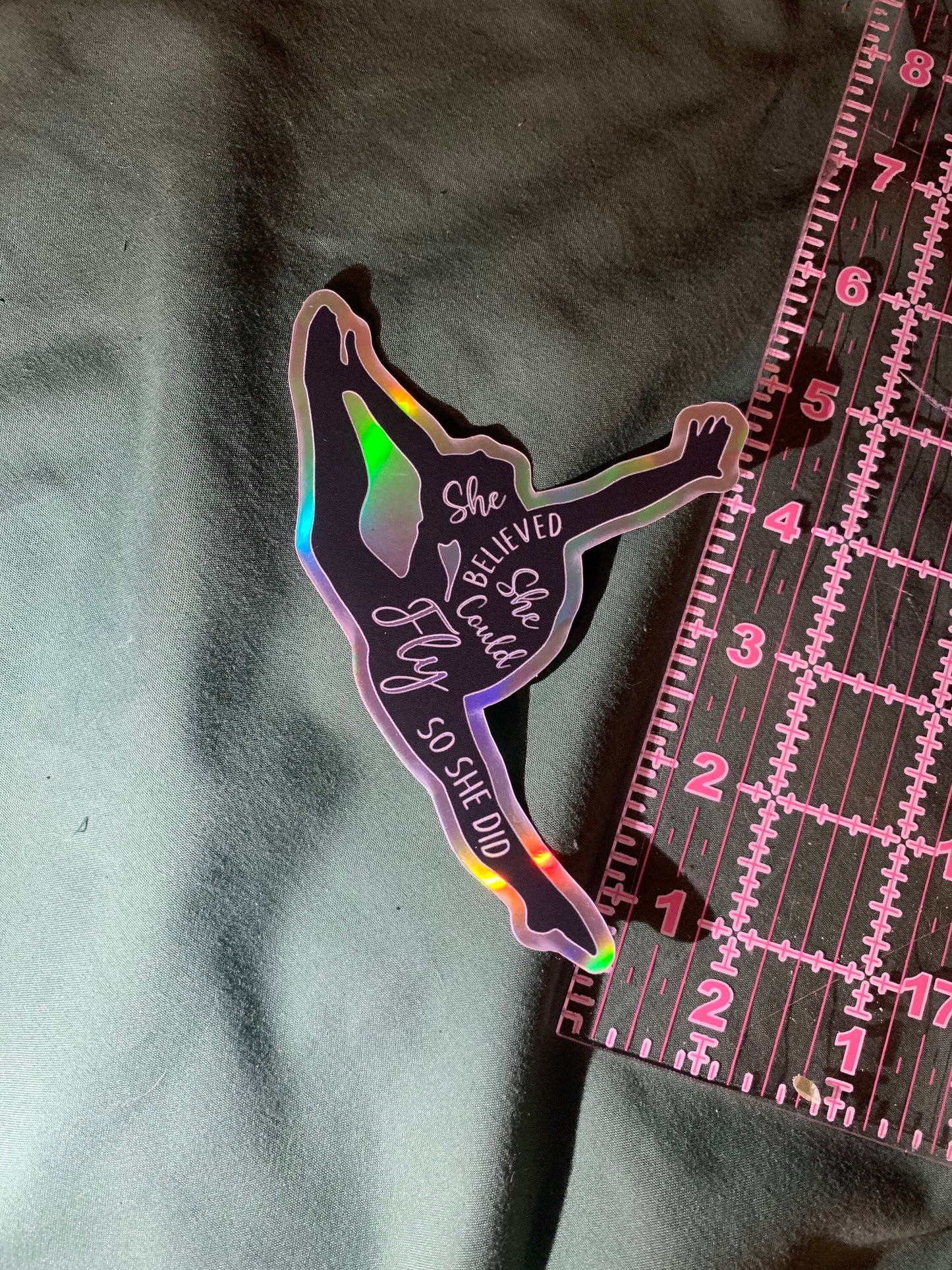 Gymnastics Black Silver Rainbow Holographic She Believed She Could Fly So She Did Inspirational Sticker (One) / Decal Dance
