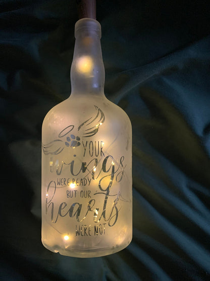 Custom Pet Memorial Etched/Frosted Lighted Glass Bottle Lamp - For Dogs, Cats, Hampsters, Horses, Birds....