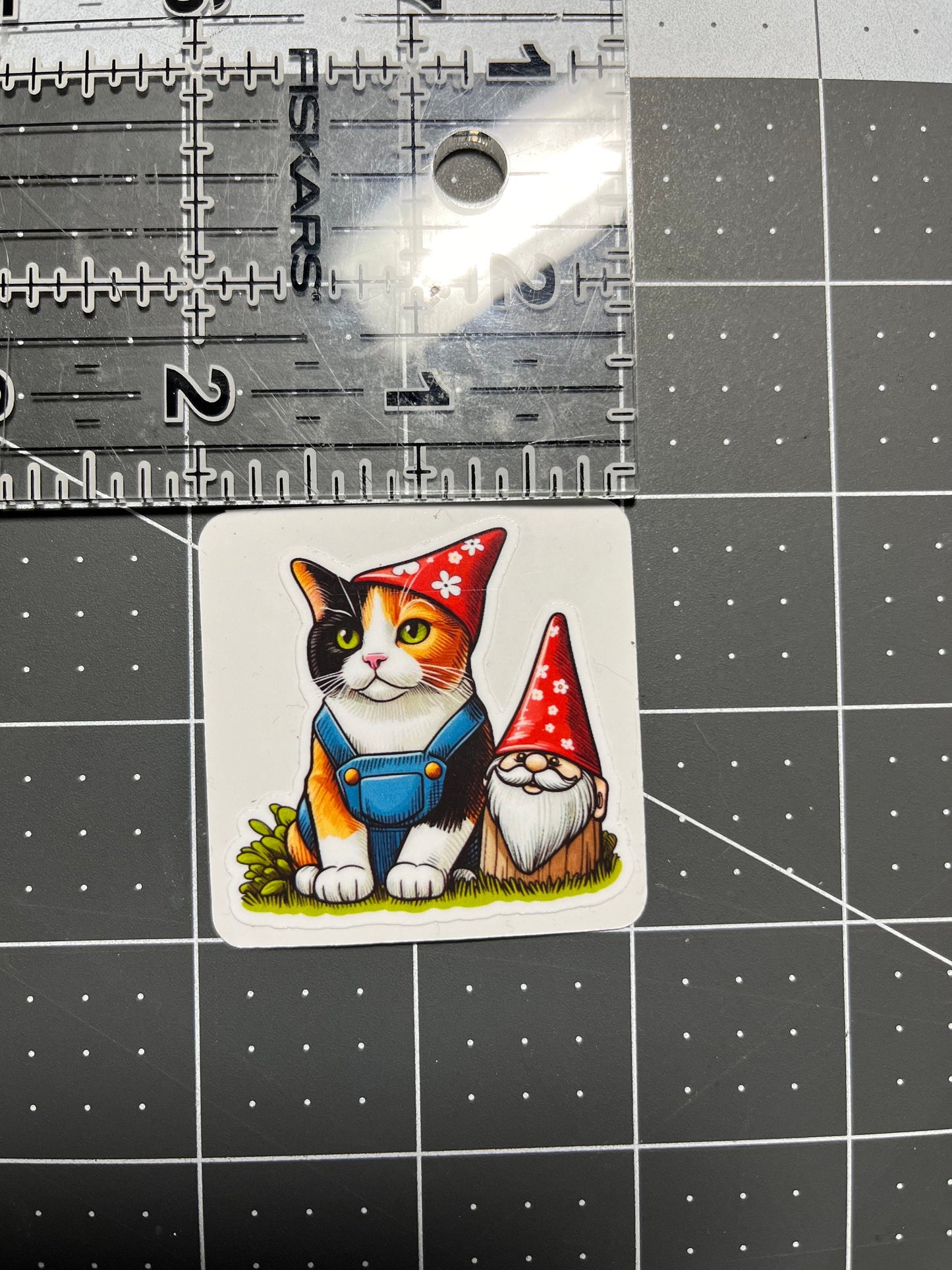Adorable Calico Kitty Cat in Overalls With A Lawn Gnome Sticker (2 Per Order)