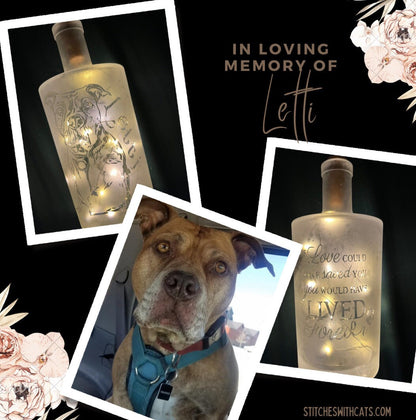Custom Pet Memorial Etched/Frosted Lighted Glass Bottle Lamp - For Dogs, Cats, Hampsters, Horses, Birds....