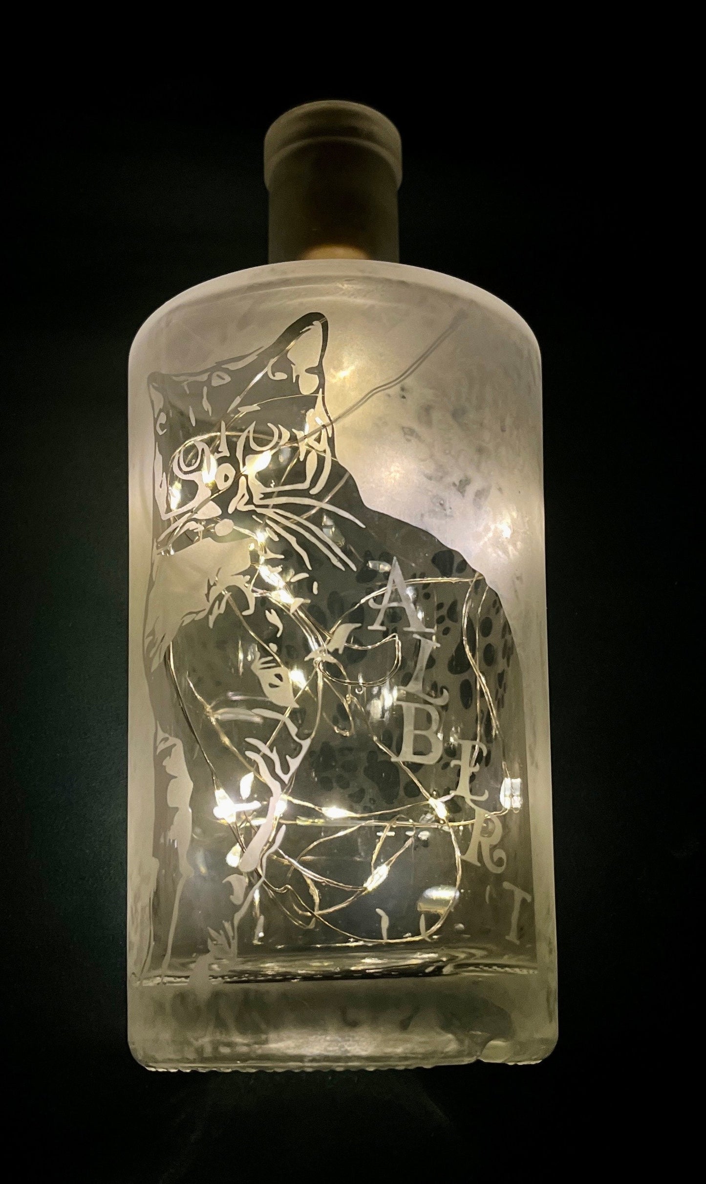 Custom Pet Memorial Etched/Frosted Lighted Glass Bottle Lamp - For Dogs, Cats, Hampsters, Horses, Birds....
