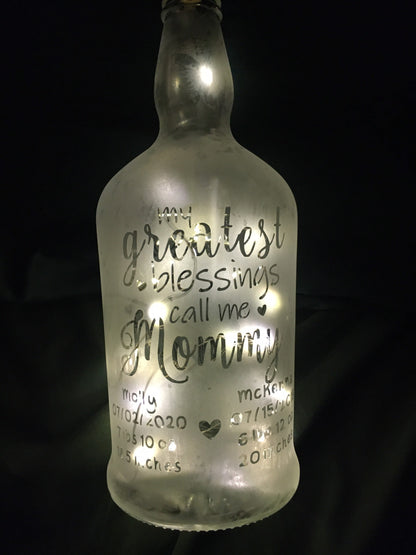 Your Child/Children On a Custom Etched/Frosted Lighted Wine or Liquor Bottle Lamp! Great Mother's Day Wine Bottle or Father's Day gift!
