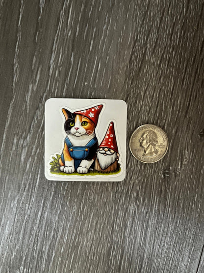 Adorable Calico Kitty Cat in Overalls With A Lawn Gnome Sticker (2 Per Order)