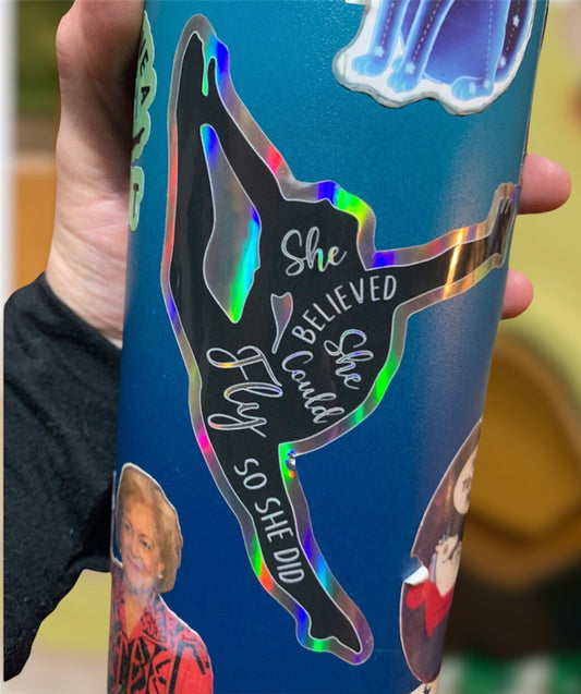 Gymnastics Black Silver Rainbow Holographic She Believed She Could Fly So She Did Inspirational Sticker (One) / Decal Dance