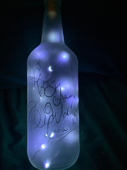 Your Pets on a Custom Lighted / Etched / Frosted Wine or Liquor Glass Bottle Lamp!