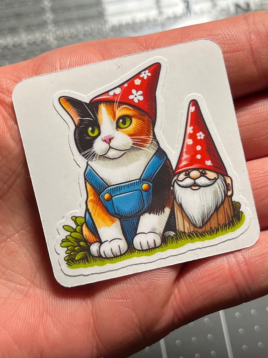 Adorable Calico Kitty Cat in Overalls With A Lawn Gnome Sticker (2 Per Order)