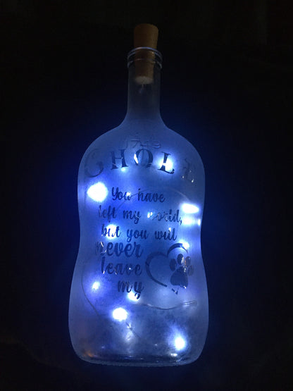 Custom Pet Memorial Etched/Frosted Lighted Glass Bottle Lamp - For Dogs, Cats, Hampsters, Horses, Birds....