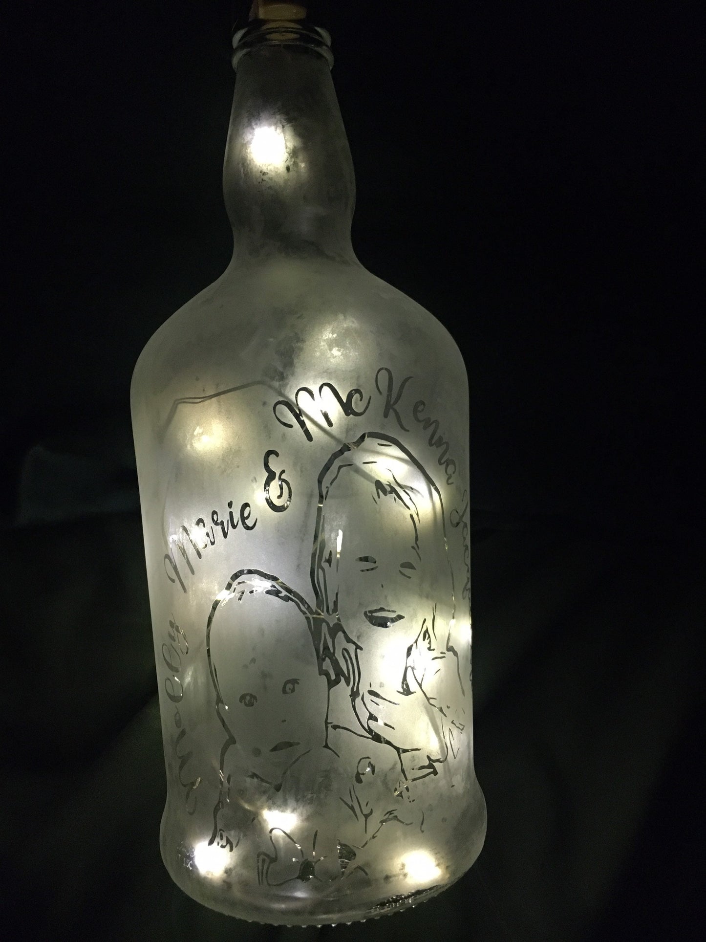 Your Child/Children On a Custom Etched/Frosted Lighted Wine or Liquor Bottle Lamp! Great Mother's Day Wine Bottle or Father's Day gift!