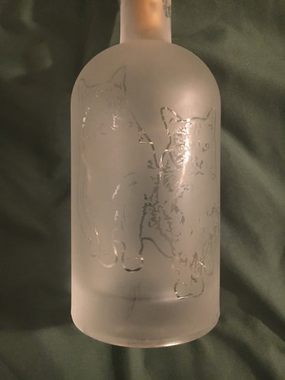 Your Pets on a Custom Lighted / Etched / Frosted Wine or Liquor Glass Bottle Lamp!