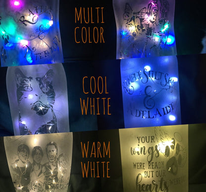 Custom Pet Memorial Etched/Frosted Lighted Glass Bottle Lamp - For Dogs, Cats, Hampsters, Horses, Birds....