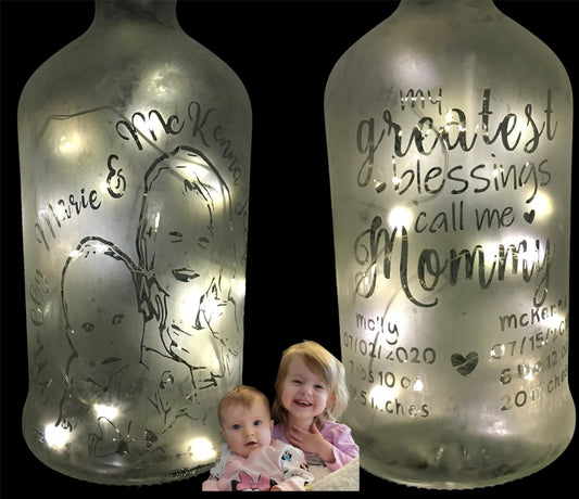 Your Child/Children On a Custom Etched/Frosted Lighted Wine or Liquor Bottle Lamp! Great Mother's Day Wine Bottle or Father's Day gift!