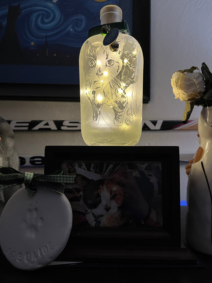Custom Pet Memorial Etched/Frosted Lighted Glass Bottle Lamp - For Dogs, Cats, Hampsters, Horses, Birds....