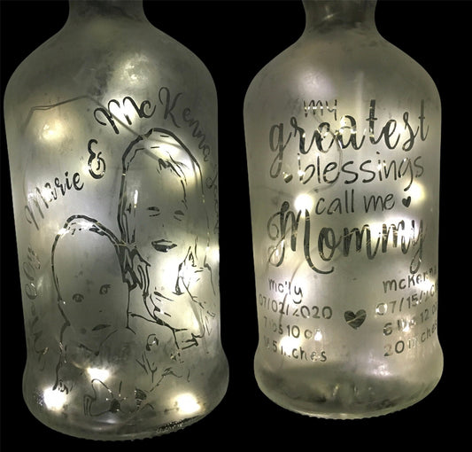 Your Child/Children On a Custom Etched/Frosted Lighted Wine or Liquor Bottle Lamp! Great Mother's Day Wine Bottle or Father's Day gift!