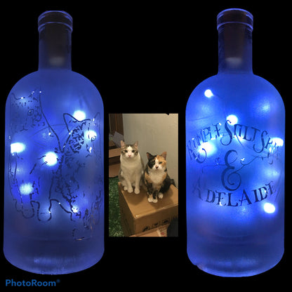 Your Pets on a Custom Lighted / Etched / Frosted Wine or Liquor Glass Bottle Lamp!