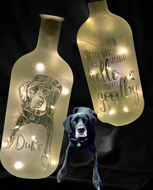 Custom Pet Memorial Etched/Frosted Lighted Glass Bottle Lamp - For Dogs, Cats, Hampsters, Horses, Birds....