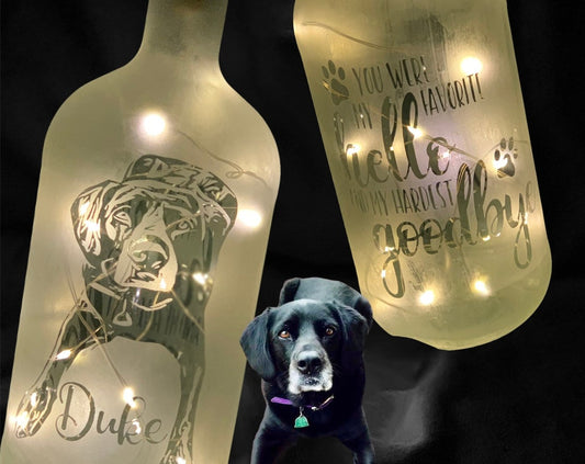 Custom Pet Memorial Etched/Frosted Lighted Glass Bottle Lamp
